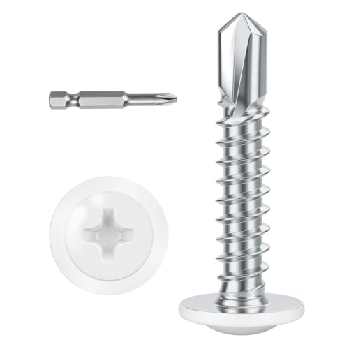 #10 x 1 (100 PCS) White Head Fast Self Tapping Sheet Metal Screws, Modified Truss Head Self Drilling Screw, Full Thread, Screwdriver Bit Included - color: White, size: #10 x 1"