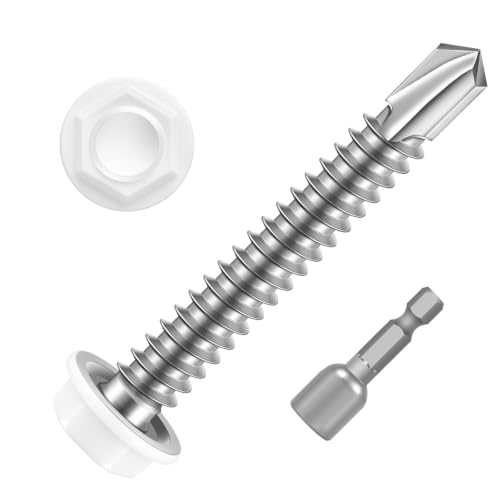 #12 x 1-1/2" Hex Washer Head Self Drilling Sheet Metal Screws with Drill Point, Stainless Steel 410, White Head, 50 PCS - color: White, size: #12 x 1-1/2"