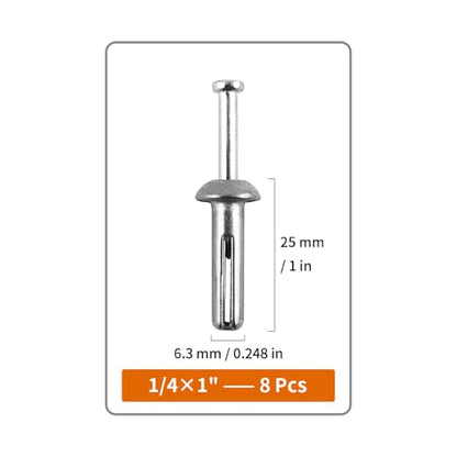1/4" x 1"Hammer Drive Nail-in Anchors 50 Pack – Cement Wall Anchors for Concrete Brick Block – Zinc Plated Masonry Fasteners for Electrical Boxes, Brackets, Frames - size: 1/4x1"