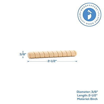 Wooden Dowel Pins 3/8 inch x 2-1/2 inch, Pack of 100 Spiral Dowel Joints for Woodworking, Furniture and Crafts, by Woodpeckers - size: 3/8 inch x 2-1/2 inch