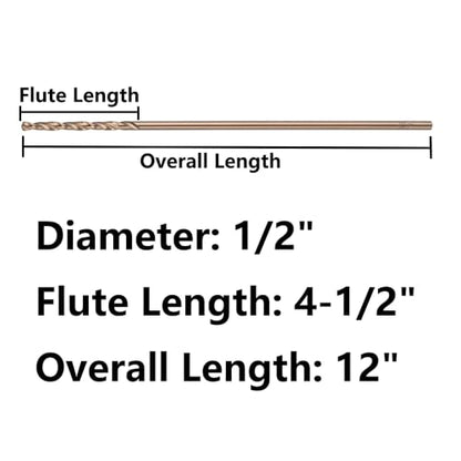 1/2 in. x 12 in. Cobalt Aircraft Extension Drill Bit(1PC), M35 High Speed Steel Drill Bit Extra Long Deep Hole Drilling for Stainless Steel, Plastic and Wood - size: 1/2"x12"(1PC)