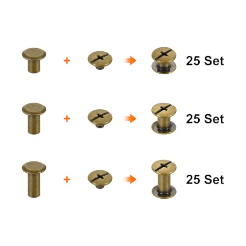 uxcell 75 Sets Chicago Screw Rivets Metal Phillips Head Binding Screws Post Nail Rivet Stud Screw for DIY Leather Belt Bag Craft Bookbinding, 3 Sizes, Bronze - color: Bronze