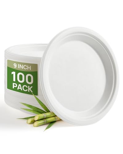 Goodluck 9 Inch White Compostable Sugarcane Paper Plates, 100 Pack - size: 9 inch