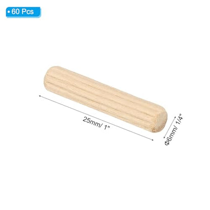 PATIKIL 1/4" x 1"(6 x 25mm) Wood Dowel Pins, 60 Pack Fluted Wooden Dowel Pin Straight Groove Rods for Furniture Door Art Crafts Projects - size: 1/4" x 1"