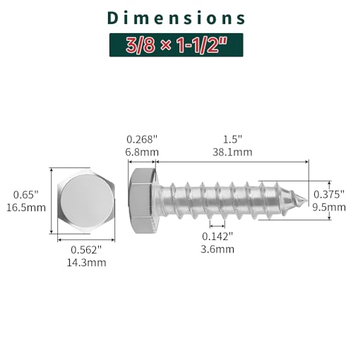 3/8 x 1-1/2" Hex Head Lag Screws Bolts with Flat Washers (20 Sets), 304 Stainless Steel 18/8, Full Thread, Deck Screws, Heavy Duty Hex Head Wood Lag Screws, Fayeploo - size: 3/8 x 1-1/2"