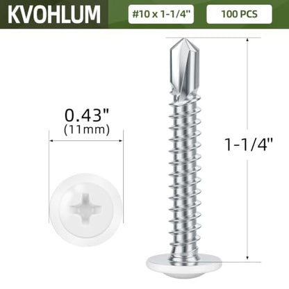 #10 x 1-1/4" (100 PCS) White Head Fast Self Tapping Sheet Metal Screws, Modified Truss Head Self Drilling Screw, Full Thread, Screwdriver Bit Included - color: White, size: #10 x 1-1/4"