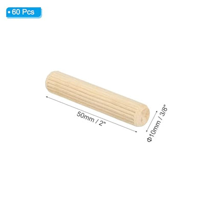 PATIKIL 3/8" x 2"(10 x 50mm) Wood Dowel Pins, 60 Pack Fluted Wooden Dowel Pin Straight Groove Rods for Furniture Door Art Crafts Projects - size: 3/8" x 2"