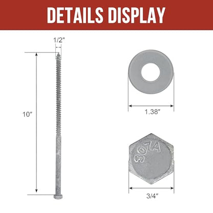 1/2" x 10" Lag Bolts (25 PCS) Lag Screws for Wood, Hot Dip Galvanized, Heavy Duty Hex Head with Washers - size: 1/2" x 10"