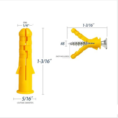 200 Count Premium Plastic Drywall Anchors, 1/4 x 1-3/16 Inch Wall Anchors, 6mm Diameter, Fits #8 x 1-3/16 Inch Screws, Bulk Pack, Screws Not Included (Yellow) - size: 1/4 x 1-3/16"