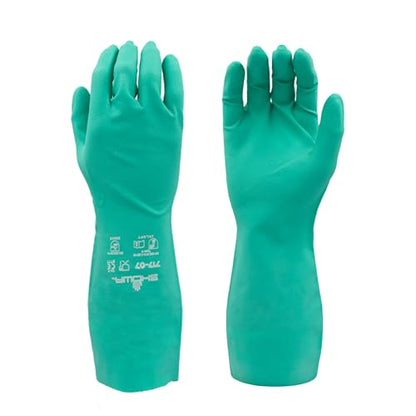 SHOWA 717 Chemical Resistant Gloves, 11-mil Nitrile Gloves, 13-inch Extended Gauntlet, Bisque Grip, Unlined & Unsupported, CE Cat III & Food Safe, Green, X-Small, 12-Pack - size: X-Small, style: 12-pack