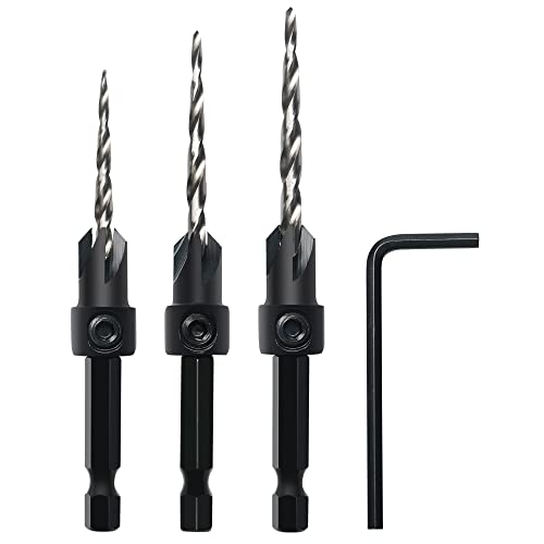 GMTOOLS Countersink Drill Bit Set, 3Pcs Tapered Drill Bits M2 HSS, with 1/4" Hex Shank Quick Change and Allen Wrench, Counter Sinker Set for Woodworking and Carpentry, Pilot Screw Hole Set - style: Set #6#8#10