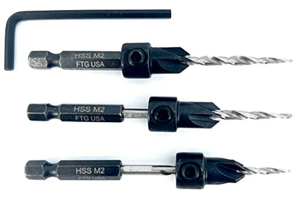 FTG USA #6 (9/64") Wood Countersink Drill Bit 3-Pc Set with Hex Key - size: #6, style: 3 Pc w/o Depth Stop