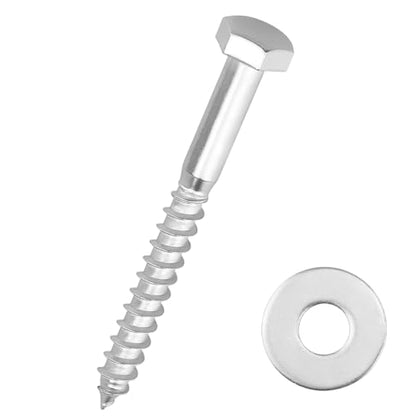 12-Sets M6 x 70mm Hex Head Lag Screws Bolts with Flat Washers, 304 Stainless Steel (18/8), Partial Thread, Heavy Duty Hex Head Lag Deck/Wood Screws - size: M6 x 70mm
