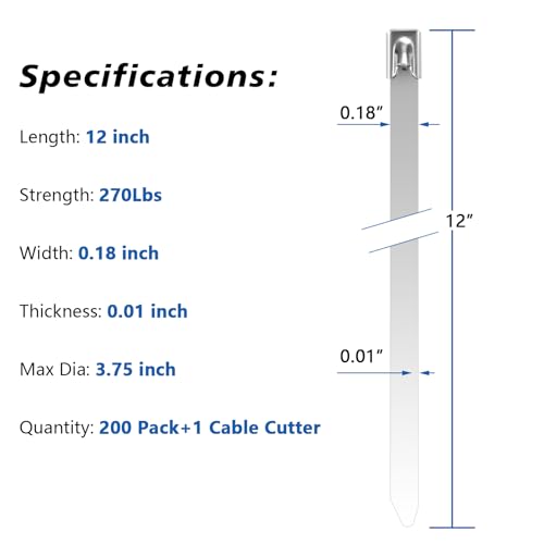 Metal Zip Tie Gun Kit with 200 Pcs 12" Stainless Steel Cable Ties - color: Silver, size: 12 inch (200 pcs) + Tool (0.12-0.47 inch)