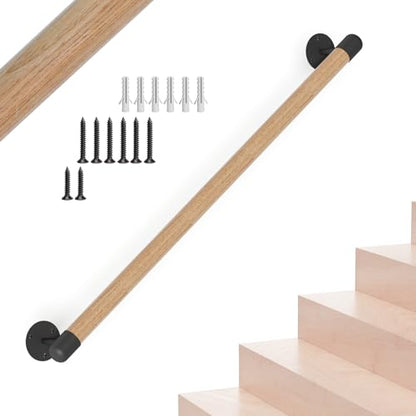2FT Round Wooden Stair Handrail Wall Mount - size: 2FT