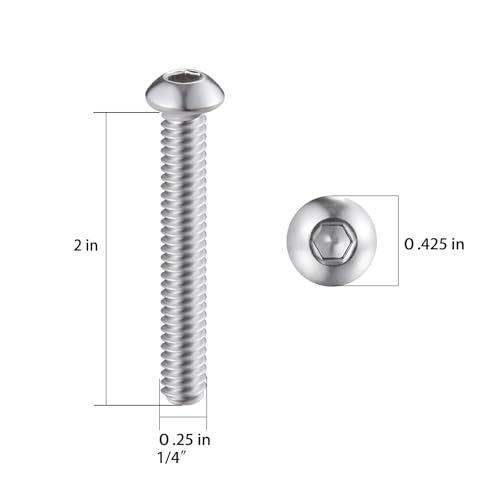 Wensilon (50Pcs) 1/4-20 * 2 Button Head Socket Cap Bolts Screws, 304 Stainless Steel, Allen Hex Drive, Bright Finish, Fully Machine Thread - color: Silver, size: B 1/4-20*2