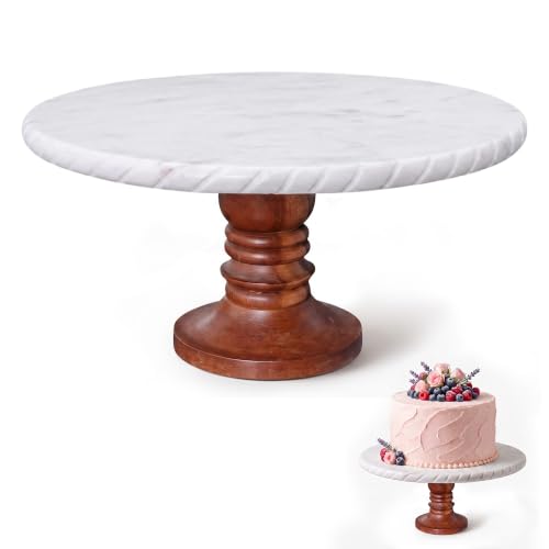 Go Home White Marble Cake Stand with Wooden Base – Elegant Round Cake Stand