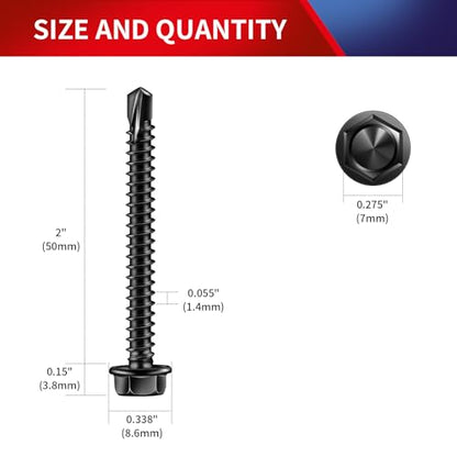 #8 x 2 Inch Self Drilling Screws (108Pcs) Hex Washer Head 410 Stainless Steel Self Tapping Screws for Metal Sheet Metal Screws Black Oxide with Hex Socket Included - color: Black, size: #8 x 2"