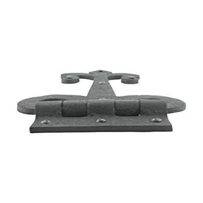 Renovators Supply Manufacturing Gate Hinges 12 in. Black Wrought Iron Fleur De Lis Style Strap Hinges for Gates and Doors with Mounting Hardware - size: Pack of 1