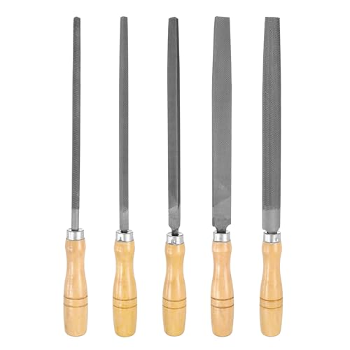 HARFINGTON 5pcs Metal File Set 8" Coarse Teeth High Carbon Steel Hand Files with Wooden Handle Square/Flat/Triangle/Half-Round/Round for Metal Wood Stone Grinding Polishing Engraving - size: 1, style: Coarse Teeth