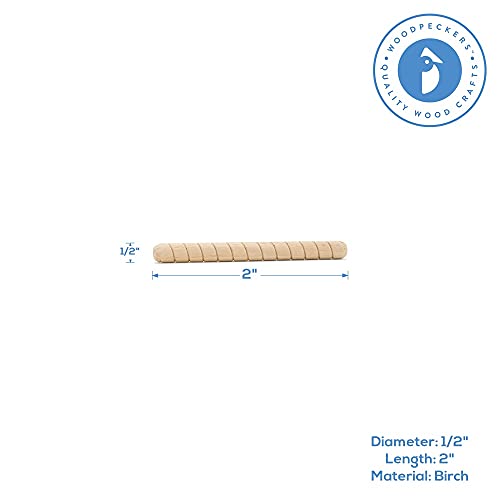 Wooden Dowel Pins 1/2 inch x 2 inch, Pack of 100 Spiral Dowel Joints for Woodworking, Furniture and Crafts, by Woodpeckers - size: 1/2 inch x 2 inch