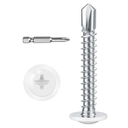 #10 x 1-1/4" (100 PCS) White Head Fast Self Tapping Sheet Metal Screws, Modified Truss Head Self Drilling Screw, Full Thread, Screwdriver Bit Included - color: White, size: #10 x 1-1/4"