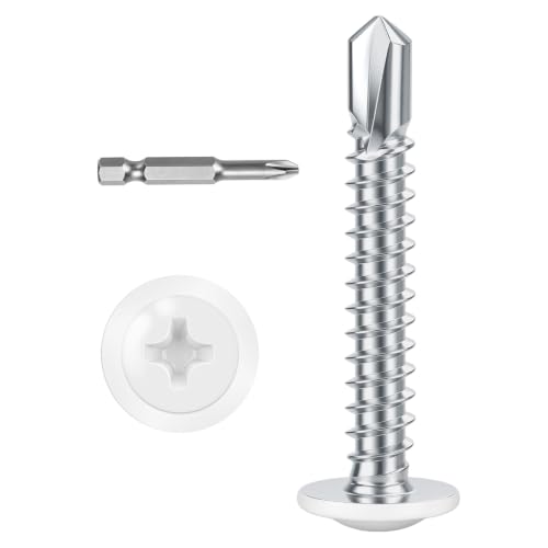 #10 x 1-1/4" (100 PCS) White Head Fast Self Tapping Sheet Metal Screws, Modified Truss Head Self Drilling Screw, Full Thread, Screwdriver Bit Included - color: White, size: #10 x 1-1/4"