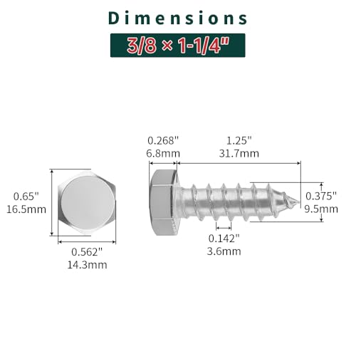 3/8 x 1-1/4" Hex Head Lag Screws Bolts with Flat Washers (20 Sets), 304 Stainless Steel 18/8, Full Thread, Deck Screws, Heavy Duty Hex Head Wood Lag Screws, Fayeploo - size: 3/8 x 1-1/4"