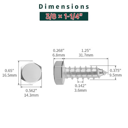 3/8 x 1-1/4" Hex Head Lag Screws Bolts with Flat Washers (20 Sets), 304 Stainless Steel 18/8, Full Thread, Deck Screws, Heavy Duty Hex Head Wood Lag Screws, Fayeploo - size: 3/8 x 1-1/4"