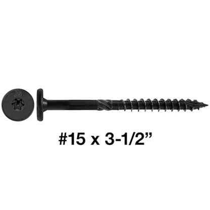 Jake Sales 15x3-1/2 Black Wafer Head Structural Lag Screws. Used for Log Construction, Timber Framing, Laminated Beams and Pole Barns Among Other Uses. T-30 Torx/Star Drive (Full Box ~500 Screws) - size: 3-1/2"