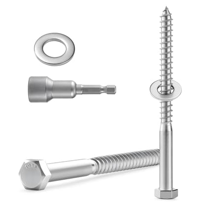 2 Sets 1/2" x 5" Hex Head Lag Screws Bolts with Flat Washers 304 Stainless Steel 18-8 Heavy Duty Lag Screw for Wood, Driver Bit Included - size: 1/2x5 (2sets)