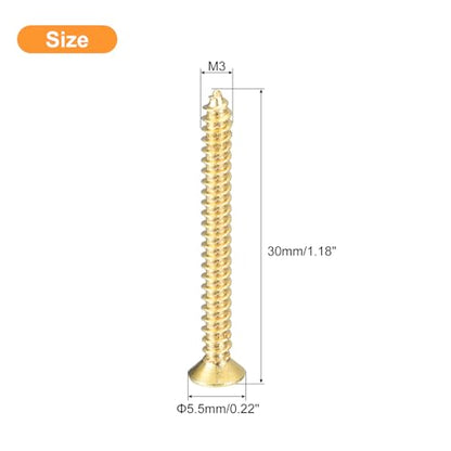 uxcell 20Pcs Brass Wood Screws, M3 x 30mm Phillips Flat Head Self Tapping Screw Woodworking Screw for Door Hinges, Wooden Furniture, Home Appliances - size: M3 x 30mm