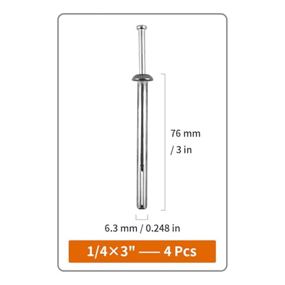 1/4" x 3"Hammer Drive Nail-in Anchors 20 Pack – Cement Wall Anchors for Concrete Brick Block – Zinc Plated Masonry Fasteners for Electrical Boxes, Brackets, Frames - size: 1/4x3"