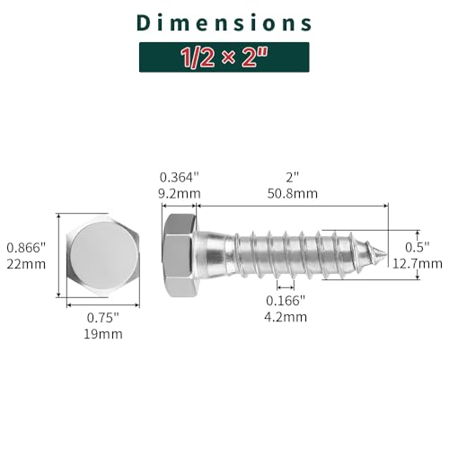 1/2 x 2 Hex Head Lag Screws Bolts with Flat Washers (8 Sets), 304 Stainless Steel 18/8, Partial Thread, Deck Screws, Heavy Duty Hex Head Wood Lag Screws, Fayeploo - size: 1/2 x 2"