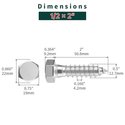 1/2 x 2 Hex Head Lag Screws Bolts with Flat Washers (8 Sets), 304 Stainless Steel 18/8, Partial Thread, Deck Screws, Heavy Duty Hex Head Wood Lag Screws, Fayeploo - size: 1/2 x 2"