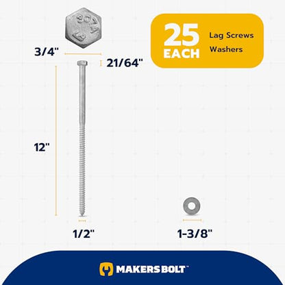 1/2 x 12 (25 Pack) Lag Screw Kit, 25 Screws and 25 washers, Hot Dip Galvanized, Meets ASME B18.2.1 Industrial/Commercial Grade by Makers Bolt - size: 1/2 x 12