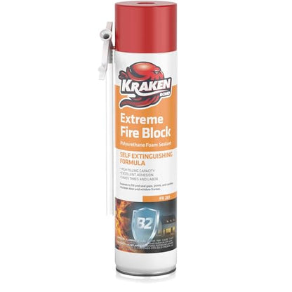 Kraken Bond Extreme Orange Fire Block Foam - (1x24oz) Fire Rated Polyurethane Spray for Gap Filling, Sealing on Windows, Walls, Joints & Pipes, Straw Use High Expansion Fire Proof Foam - 1 Pack - size: 1 Pack