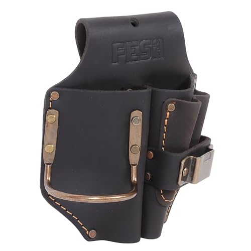 FESA Durable Leather Pliers Holster - Leather Double Plier Holder for Belt with Steel Hammer Holder, Tape Clip & 2 Carpenter's Pencil Pockets - Clip On Any Belt - Handcrafted - color: Brown