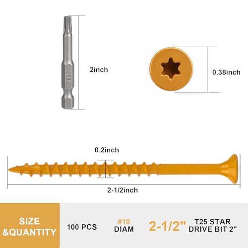 Deck Screws 2-1/2 Inch, Wood Screws #10×2-1/2", 100 Pcs, Tan - size: #10×2-1/2"