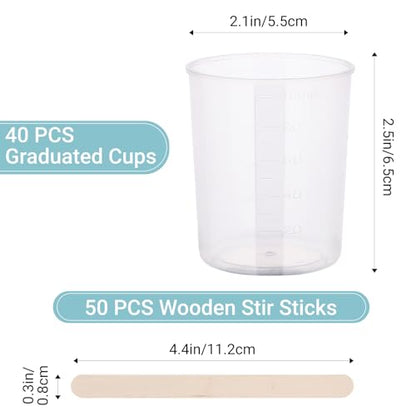 Gartful 90PCS Epoxy Mixing Cups Kit, 40PCS 100ml Disposable Graduated Cups Transparent Scale Cups with 50 Pack Wooden Stirring Sticks for Paint Mixing, Jewelry Making, Liquid Measuring - color: Clear cups+wooden stick, size: 100ml