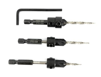 FTG USA 3-Pk #6 (9/64") Countersink Drill Bit Set, 1 Stop, 1 Wrench & Case - size: #6, style: 3 Pc with Depth Stop and Case