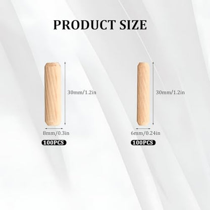 Wooden Dowel Pins,200 Wooden Pegs with Grooves, Dowel Pins,Suitable for Furniture Carpentry and Handicraft Making (M6 , M8)