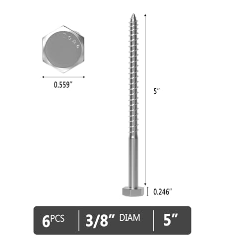 VGBUY 3/8" x 5" Hex Head Lag Screws 6Pcs, 304 Stainless Steel 18-8 Lag Bolts Wood Screws Heavy Duty Large Screws for TV Mounts, Deck, Boat Repair - size: 3/8x5 (6pcs)