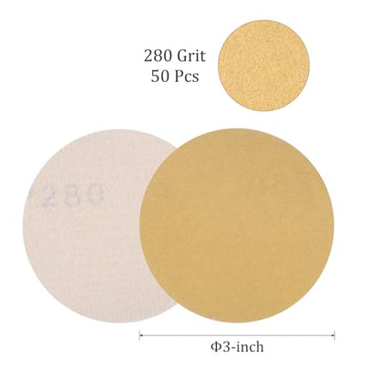 50pcs No Hole Sanding Discs- [ 3 Inch 280 Grit ] Round Hook and Loop Grip Sanding Pads Sheet Sandpaper for Automotive Woodworking Metal Polishing Use| Gold, Aluminum Oxide - size: 280 grit