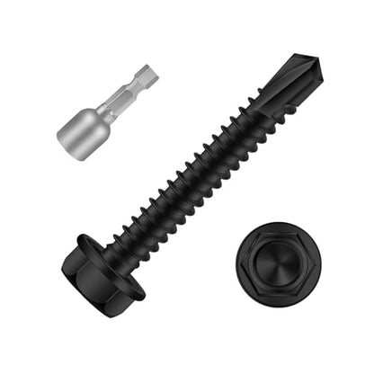 Mellewell #8 x 1-1/2" Hex Washer Head Self Drilling Screws, Self Tapping Sheet Metal Screws, 410 Stainless Steel, Black Finish, 100 PCS - color: Black, size: #8 x 1-1/2"