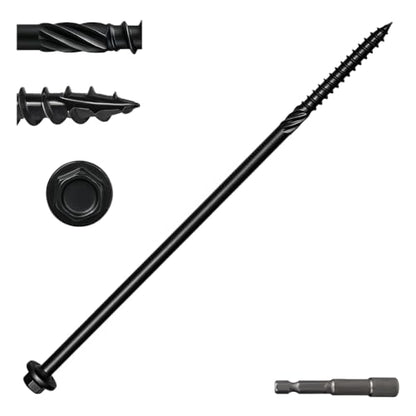 Lag Screws 10 Inch, #14 x 10 Structural Wood Screws, 50Pcs Heavy Duty Construction Screws, Long Deck Timber Screws, Hex Washer Head, Black Rust Resistant Coated, Hex Socket Included - size: #14 x 10