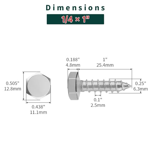 1/4 x 1 Hex Head Lag Screws Bolts with Flat Washers (20 Sets), 304 Stainless Steel 18/8, Full Thread, Deck Screws, Heavy Duty Hex Head Wood Lag Screws, Fayeploo - size: 1/4 x 1"