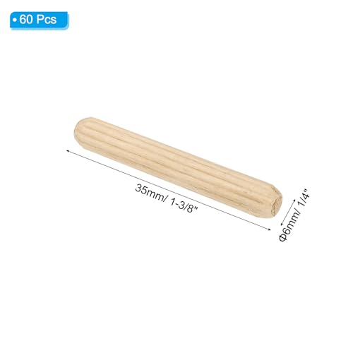 PATIKIL 1/4" x 1-3/8"(6 x 35mm) Wood Dowel Pins, 60 Pack Fluted Wooden Dowel Pin Straight Groove Rods for Furniture Door Art Crafts Projects - size: 1/4" x 1-3/8"