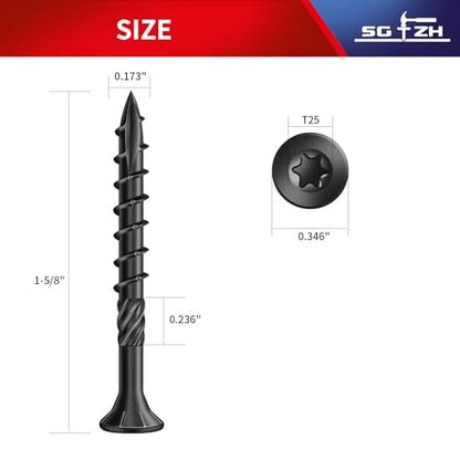 #8 x 1-5/8" Deck Screws (136Pcs) 1lb. Carbon Steel, Black, Flat Head, Rust Resistant epoxy Coated, with T25 Star Bit - color: Black, size: #8 x 1-5/8"