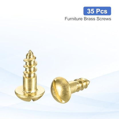 MECCANIXITY 35 Pcs Brass Screws, M4 x 10mm Solid Slotted Round Head Self-Tapping Wood Screw Fasteners for Woodworking Furniture Repair Photo Frame Drywall Home Appliances, Gold - size: M4 x 10mm
